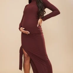 Maternité Robe De Grossesse Mi-longue Chocolat Douce Fendue Sur Le Côté
