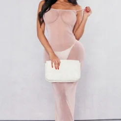 Shape Robe Longue Rose Clair En Mesh Transparent Pailletée à Bretelles