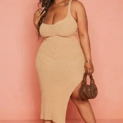 Plus Robe Mi-longue Gris Pierre à Côté Fendu