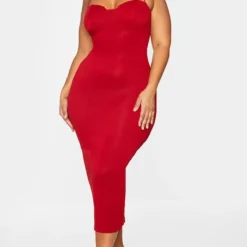 Plus Robe Mi-longue Côtelée Froncée Rouge à Bonnets