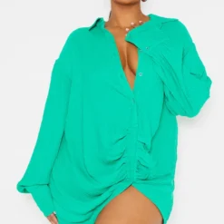 Plus Robe Chemise Texturée Verte à Détail Drapé Et Manches Longues -Promos Jupe Éthérée Boutique 2e169cb92bfffe5452962356bed73a8d25e88f67 cmu4915 4