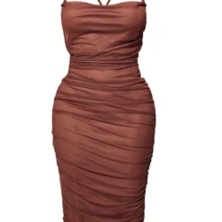 Petite Robe Mi-longue Froncée Chocolat à Bretelles Et Col Bénitier -Promos Jupe Éthérée Boutique 2eee537abaa638310c87ba9b0bbdda1781218bcb cna5666 5