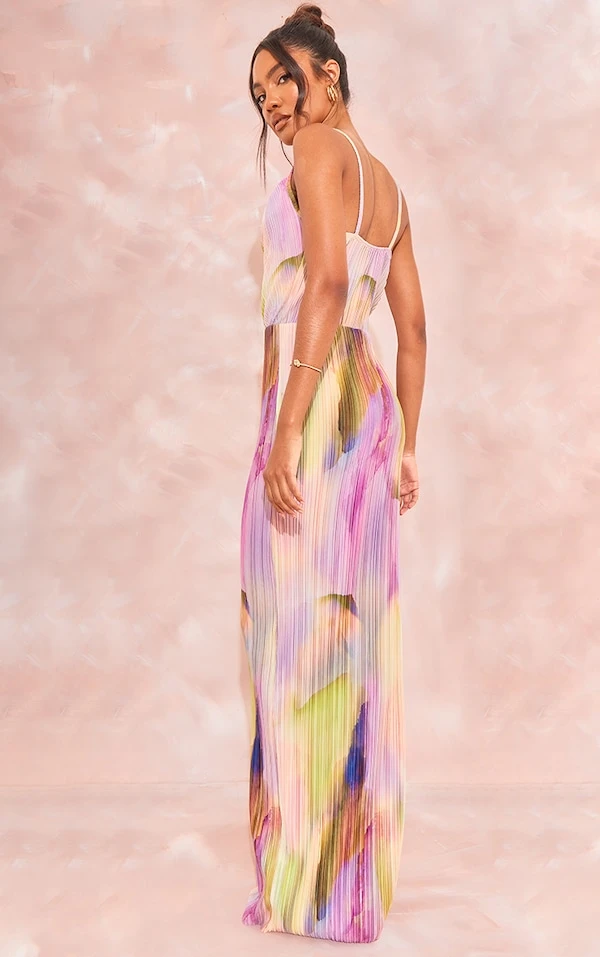 Tall Robe Longue Plissée Violette à Imprimé Aquarelle Et Bretelles 2 Tall Robe Longue Plissée Violette à Imprimé Aquarelle Et Bretelles – Image 2