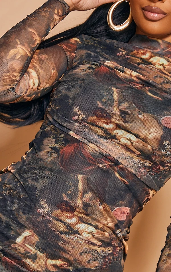 Shape Robe Moulante Marron En Mesh Imprimé Renaissance à Col Haut 5 Shape Robe Moulante Marron En Mesh Imprimé Renaissance à Col Haut – Image 5