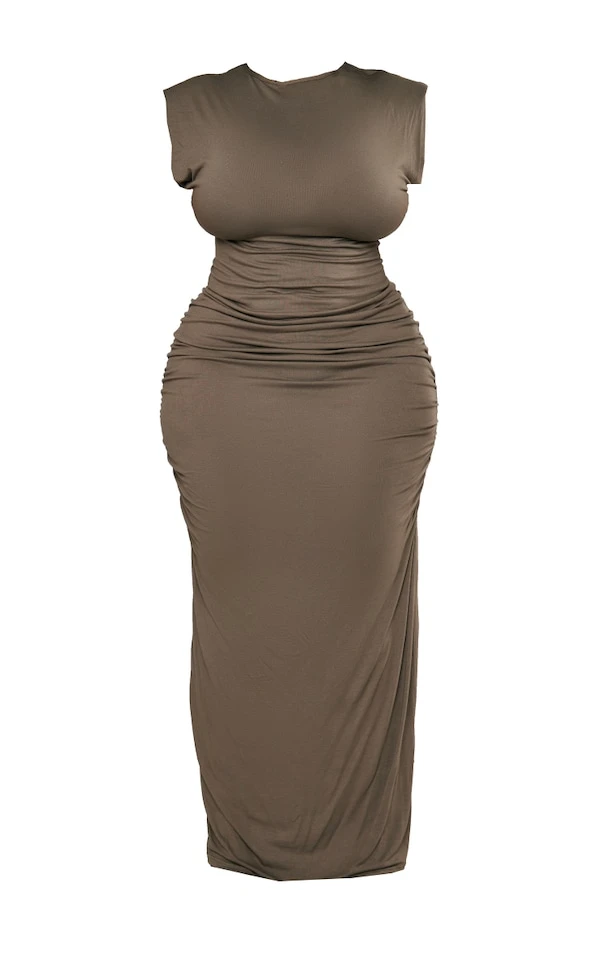Plus Robe Longue Kaki Mousse à épaulettes Froncée Sur Le Côté 5 Plus Robe Longue Kaki Mousse à épaulettes Froncée Sur Le Côté – Image 5