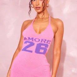 Petite Mini-robe En Maille Tricot Rose à Slogan Amore