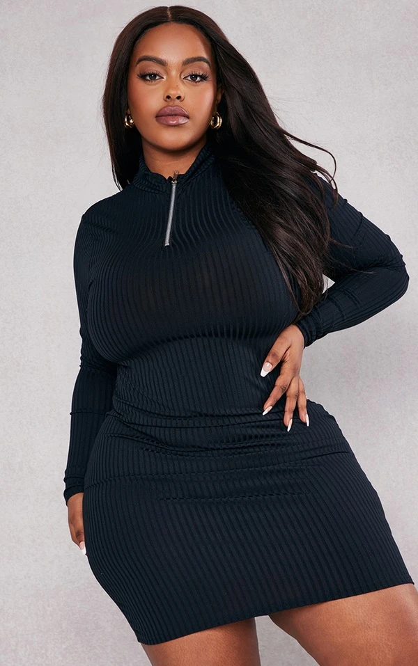 Plus Robe Moulante Côtelée Noire Zippée à Manches Longues 3 Plus Robe Moulante Côtelée Noire Zippée à Manches Longues – Image 3