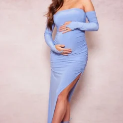 Maternité Robe De Grossesse Longue Moulante Bleue Froncée à épaules Dénudées