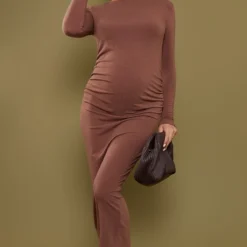 Maternité Robe Mi-longue De Grossesse Chocolat Froncée à Manches Longues -Promos Jupe Éthérée Boutique 340fe86bfae8f1529c43957b78ebb39d960b4f56 cnc4890 3
