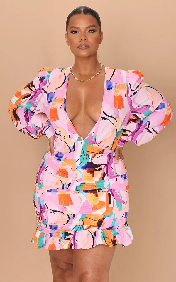 Plus Robe Moulante Froncée Multicolore Imprimé Abstrait à Décolleté 3 Plus Robe Moulante Froncée Multicolore Imprimé Abstrait à Décolleté – Image 3