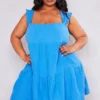 Plus Robe Droite Bleue Texturée Superposée