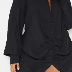 Plus Robe Chemise Texturée Noire à Détail Drapé Et Manches Longues -Promos Jupe Éthérée Boutique 35b7c7544ada02f3cd4c4298635d59d2702c4026 cmu4916 5