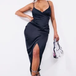 Shape Robe Portefeuille Mi-longue Satinée Noire