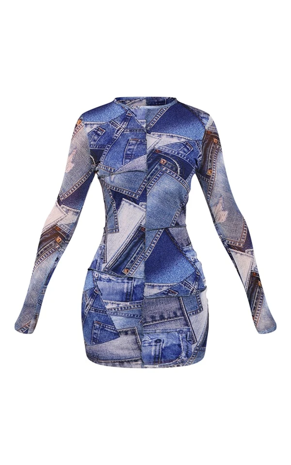 Petite Robe Moulante Imprimé Jean Bleu à Empiècements Contrastants 5 Petite Robe Moulante Imprimé Jean Bleu à Empiècements Contrastants – Image 5