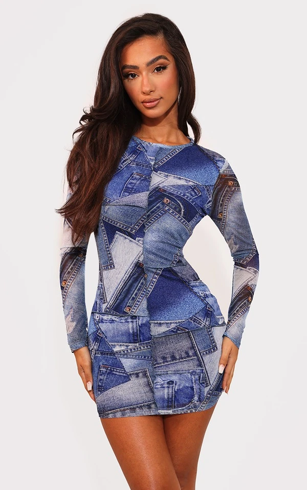Petite Robe Moulante Imprimé Jean Bleu à Empiècements Contrastants 1 Petite Robe Moulante Imprimé Jean Bleu à Empiècements Contrastants