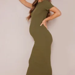 Maternité Robe De Grossesse Mi-longue Kaki Côtelée à Col Ras-du-cou