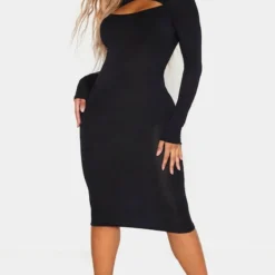 Shape Robe Mi-longue En Jersey Noir à Découpe Et Manches Longues