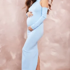 Maternité Robe De Grossesse Longue Côtelée Bleu Clair à Détail Contours