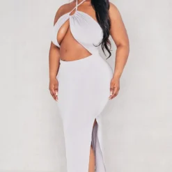 Plus Robe Mi-longue Grise Découpée à Dos Nu