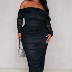 Plus Robe Mi-longue En Mesh Noir à Col Bardot Et Manches Longues