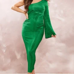Maternité Robe De Grossesse Asymétrique Longue Verte Effet Plissé