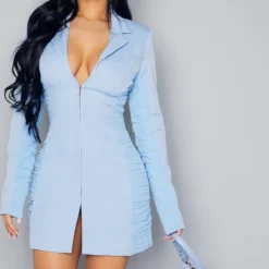 Petite Robe Blazer Ajustée Bleue Froncée