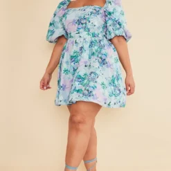 Plus Robe Bouffante Nouée à La Taille Fleurie Bleue