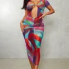 Shape Robe Longue Transparente Froncée Multicolore Imprimée à Décolleté