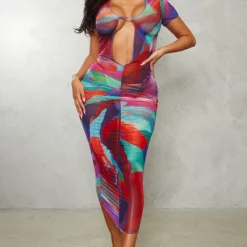 Shape Robe Longue Transparente Froncée Multicolore Imprimée à Décolleté