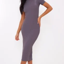 Tall Robe Mi-longue Côtelée Gris Anthracite à Col Rond