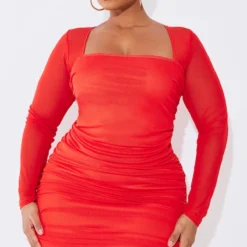 Plus Robe Moulante En Mesh Froncé Rouge à Col Carré -Promos Jupe Éthérée Boutique 468d126c5ec5c7e77b6b8925f736c61bd435ae6f cna0563 3
