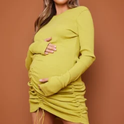 Zero Maternité Robe De Grossesse Moulante Chartreuse Côtelée à Manches Longues Et Devant Froncé -Promos Jupe Éthérée Boutique 47bfdc915f738ed2dd22beb24205627cadfeff42 cna5408 3