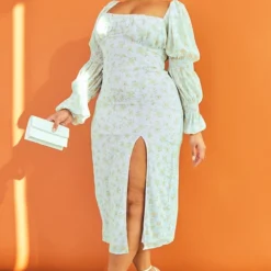 Plus Robe Mi-longue Bleu Cendré Fleurie à Manches Bouffantes -Promos Jupe Éthérée Boutique 4877809797a1302c796f69fe48d087d5ab5b9846 cmw4106 4