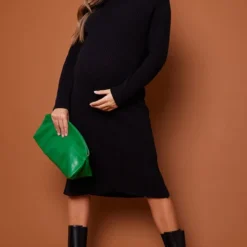 Maternité Robe Pull De Grossesse Mi-longue Oversize Noire à Col Roulé