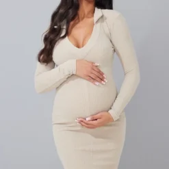 Maternité Mini-robe De Grossesse Gris Pierre à Col Polo Et Décolleté Plongeant