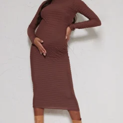 Maternité Robe De Grossesse Mi-longue Froncée Chocolat à Manches Longues