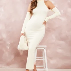 Maternité Robe De Grossesse Longue Côtelée Blanc Cassé à Détail Contours