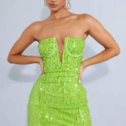 Petite Mini Robe Corset Moulante Vert Citron Fluo à Sequins