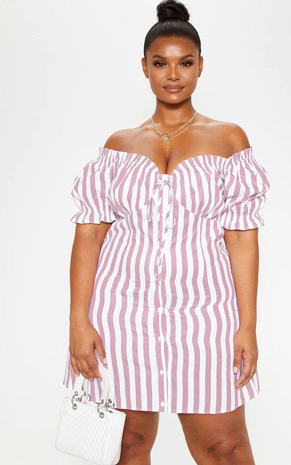 Plus Robe Droite Rose Imprimé Rayures à Col Bardot Et Boutons 1 Plus Robe Droite Rose Imprimé Rayures à Col Bardot Et Boutons