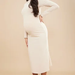 Logic Maternité Robe De Grossesse Mi-longue Côtelée Sable Pâle à Manches Longues -Promos Jupe Éthérée Boutique 4c6c20728a40e24233a9a2c066aed70751a67d2d cnd0090 3