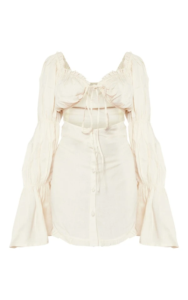 Petite Mini Robe Effet Lin Sable Clair Découpée Devant 5 Petite Mini Robe Effet Lin Sable Clair Découpée Devant – Image 5