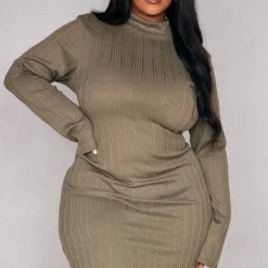 Plus Robe Moulante Côtelée Kaki à Col Montant