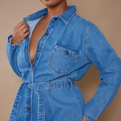 Plus Robe En Jean Bleu Moyennement Délavé Effet Javélisé à Taille Nouée -Promos Jupe Éthérée Boutique 50e78536e3a5934c694807eadbcb253dc04d2c83 cna1211 4