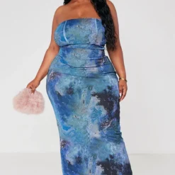 Plus Robe Longue Bustier En Mesh Gris Imprimé Abstrait