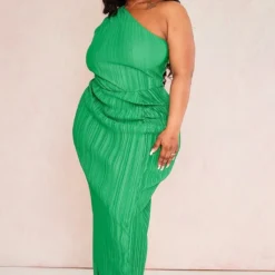 Plus Robe Mi-longue Plissée Vert Vif à épaule Unique Froncée -Promos Jupe Éthérée Boutique 52df3b59ebaf52e5c851104ebf21a54790270985 cne5088 3