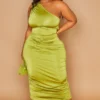 Plus Robe Moulante Longue Vert Olive Froncée à épaule Unique