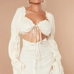 Petite Mini Robe Effet Lin Sable Clair Découpée Devant