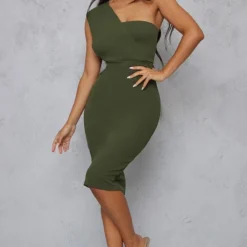 Petite Robe Mi-longue Asymétrique Kaki à épaule Drapée