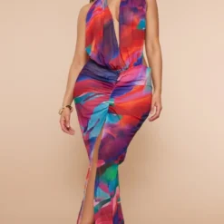 Shape Robe Longue En Mousseline De Soie à Imprimé Multicolore Drapée Devant