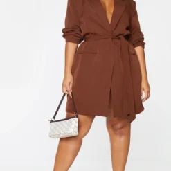 Plus Robe Blazer Chocolat à Taille Nouée
